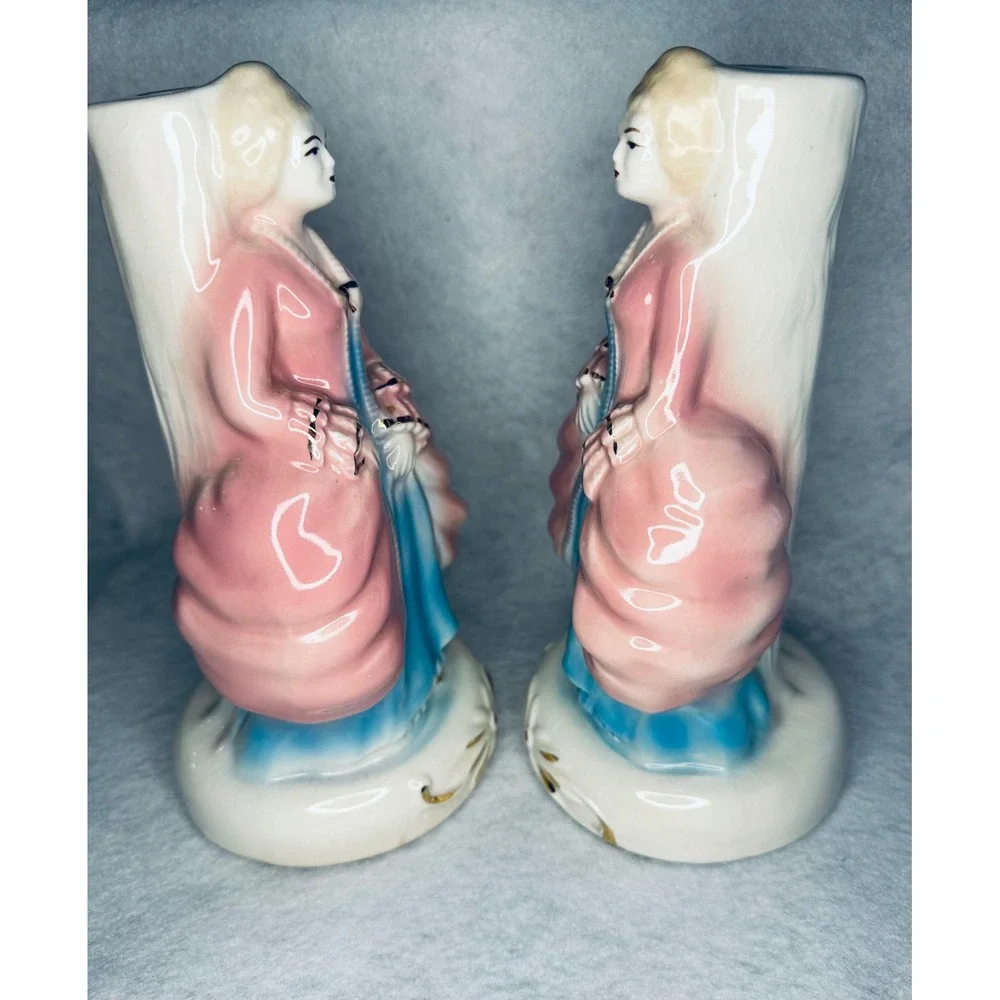 Vintage Lady‎ Figurine Vase Pair Pink Blue Floral Accent Decor lamp bases